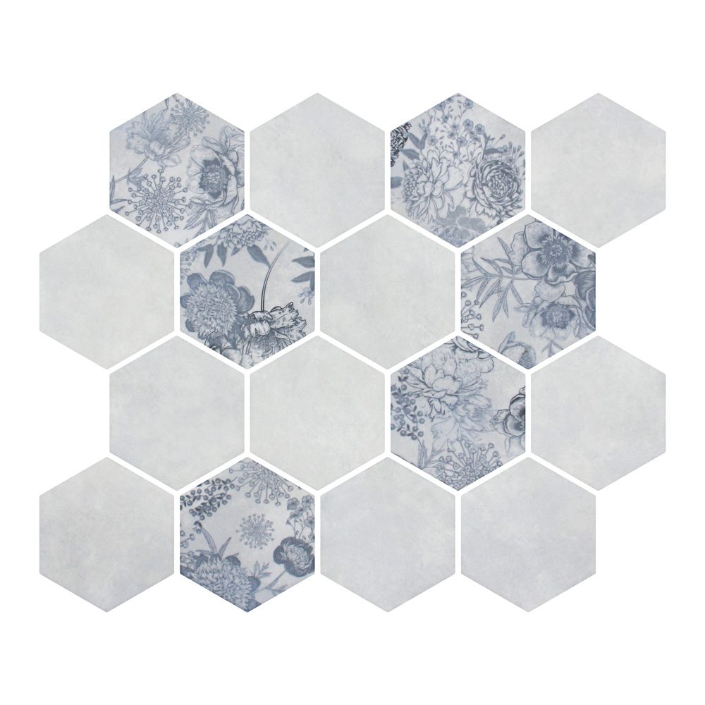 HexaFusion Botanica Meadow Lark matte pressed glass hexagon mosaic, 3 inch hex, mesh-mounted sheet