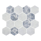 HexaFusion Botanica Meadow Lark matte pressed glass hexagon mosaic, 3 inch hex, mesh-mounted sheet