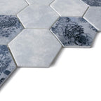 HexaFusion Botanica Meadow Lark matte pressed glass hexagon mosaic surface, 3 inch hex, floral accents