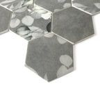 Close-up of HexaFusion Botanica Wisteria Sketch matte pressed glass 3 inch hexagon mosaic with botanical pattern