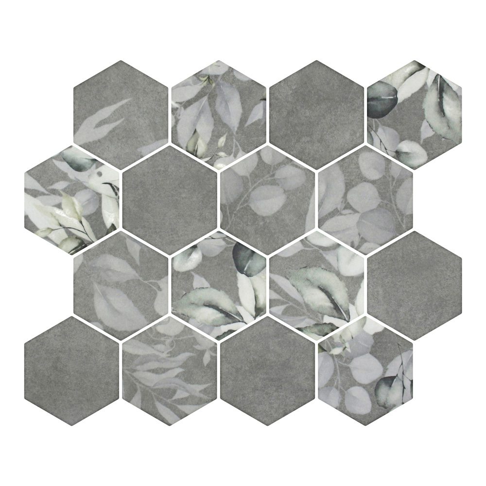 HexaFusion Botanica Wisteria Sketch matte pressed glass hexagon mosaic, 3 inch hex, mesh-mounted sheet