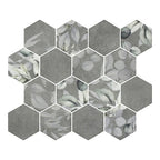 HexaFusion Botanica Wisteria Sketch matte pressed glass hexagon mosaic, 3 inch hex, mesh-mounted sheet