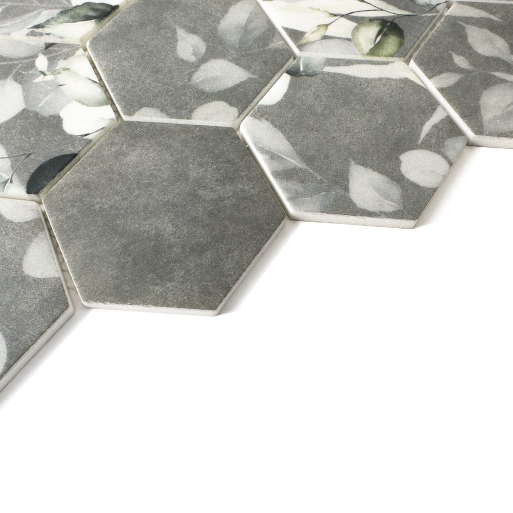 HexaFusion Botanica Wisteria Sketch matte pressed glass hexagon mosaic surface, 3 inch hex, botanical accents