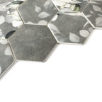 HexaFusion Botanica Wisteria Sketch matte pressed glass hexagon mosaic surface, 3 inch hex, botanical accents