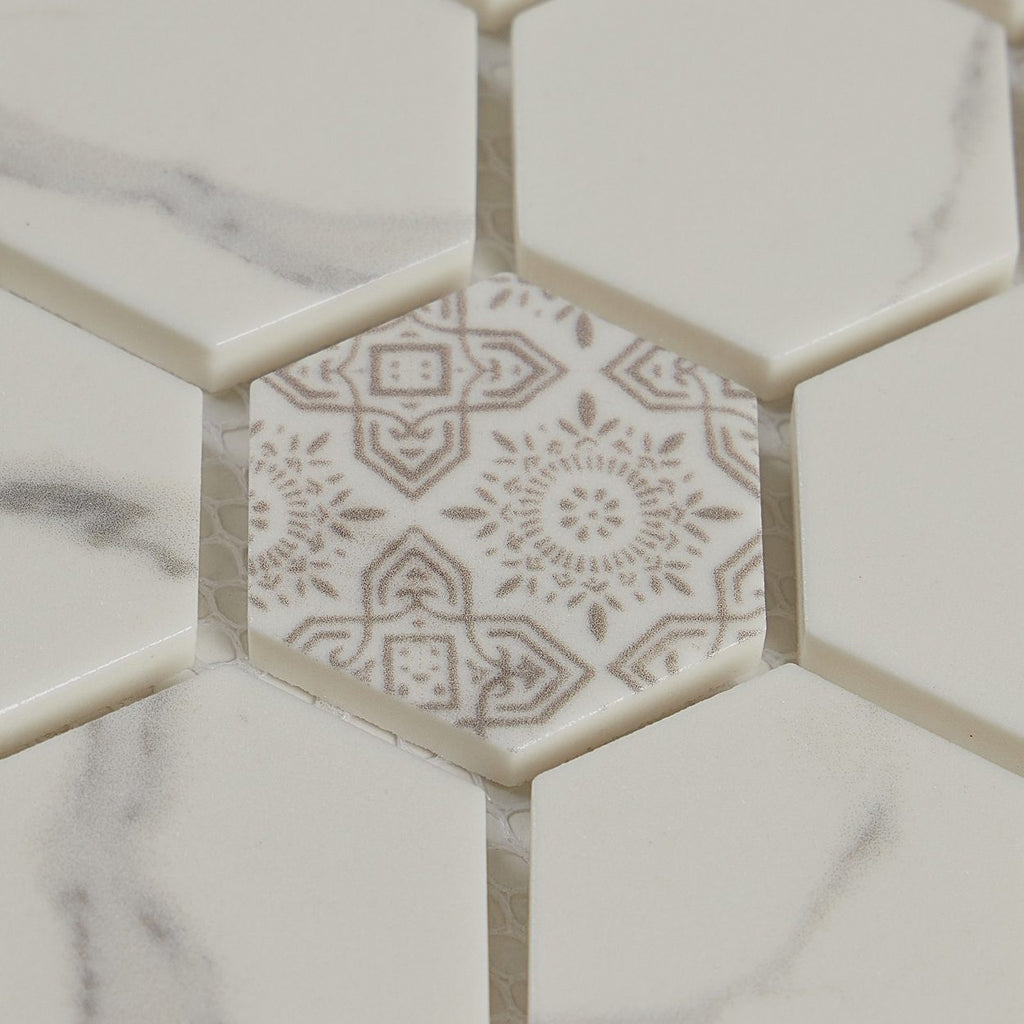 Close-up of HexaFusion Mineral Alpine White matte pressed glass 1.5 inch hexagon mosaic pattern
