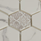 Close-up of HexaFusion Mineral Alpine White matte pressed glass 1.5 inch hexagon mosaic pattern