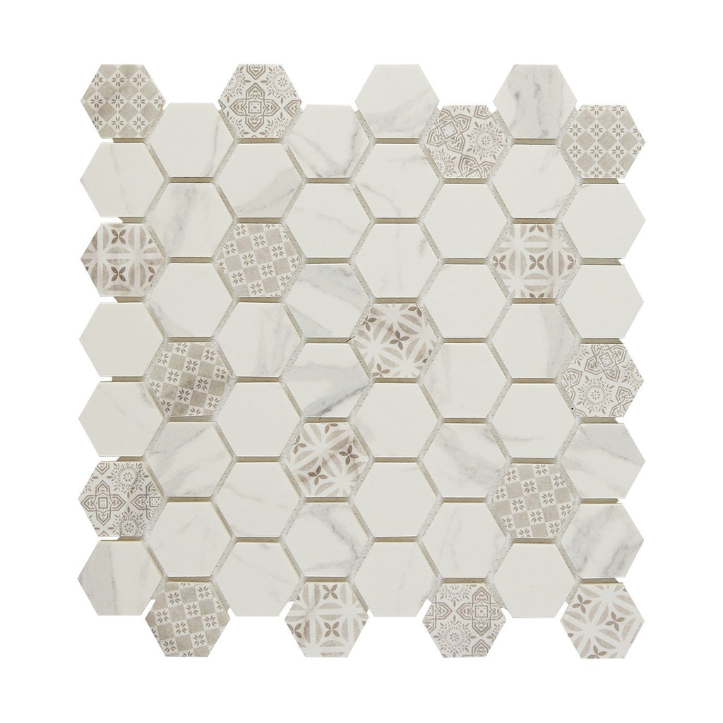 HexaFusion Mineral Alpine White matte pressed glass hexagon mosaic, 1.5 inch hex, mesh-mounted sheet
