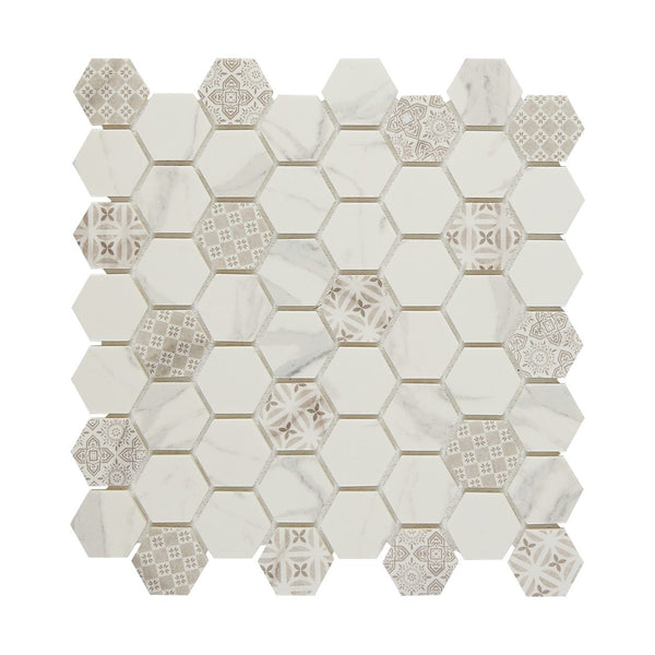 HexaFusion Mineral Alpine White matte pressed glass hexagon mosaic, 1.5 inch hex, mesh-mounted sheet