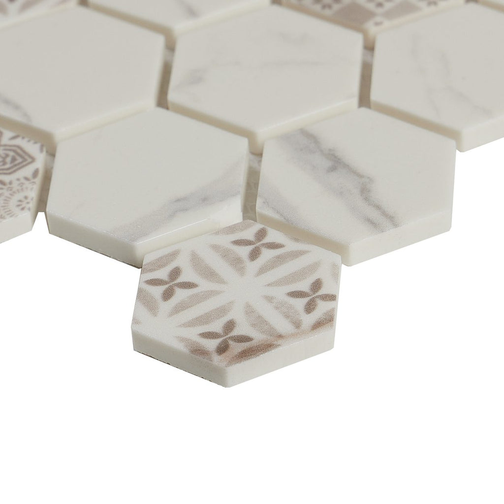 HexaFusion Mineral Alpine White matte pressed glass hexagon mosaic surface, 1.5 inch hex