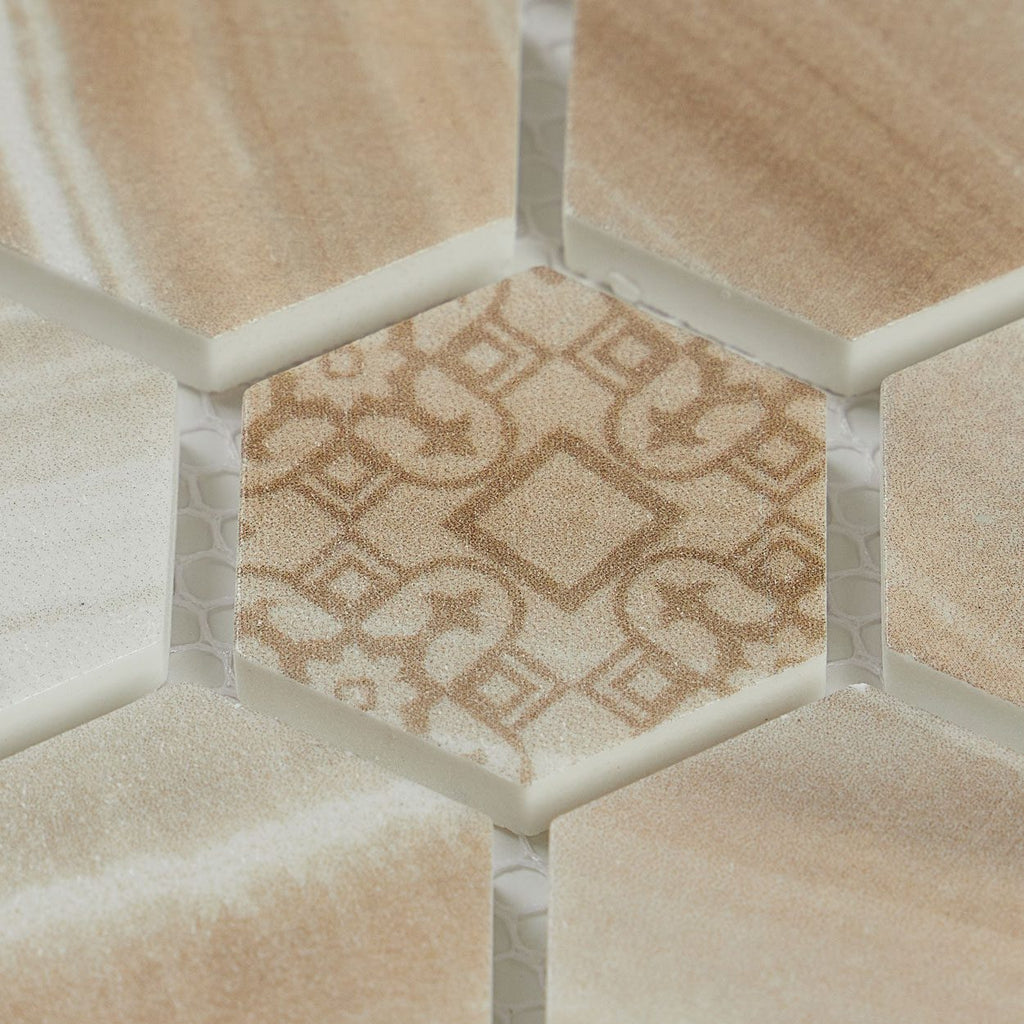 Close-up of HexaFusion Mineral Midnight Veil matte pressed glass 1.5 inch hexagon mosaic pattern