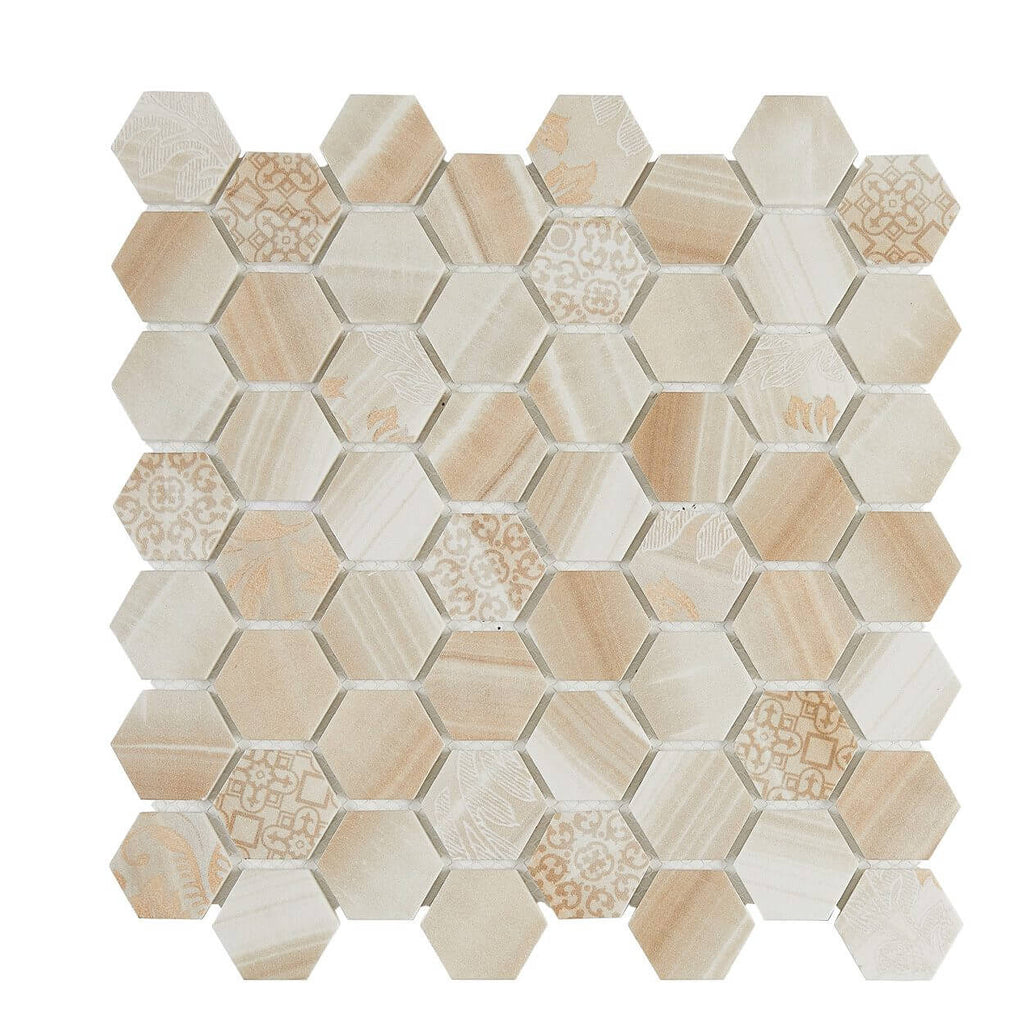 HexaFusion Mineral Midnight Veil matte pressed glass hexagon mosaic, 1.5 inch hex, mesh-mounted sheet