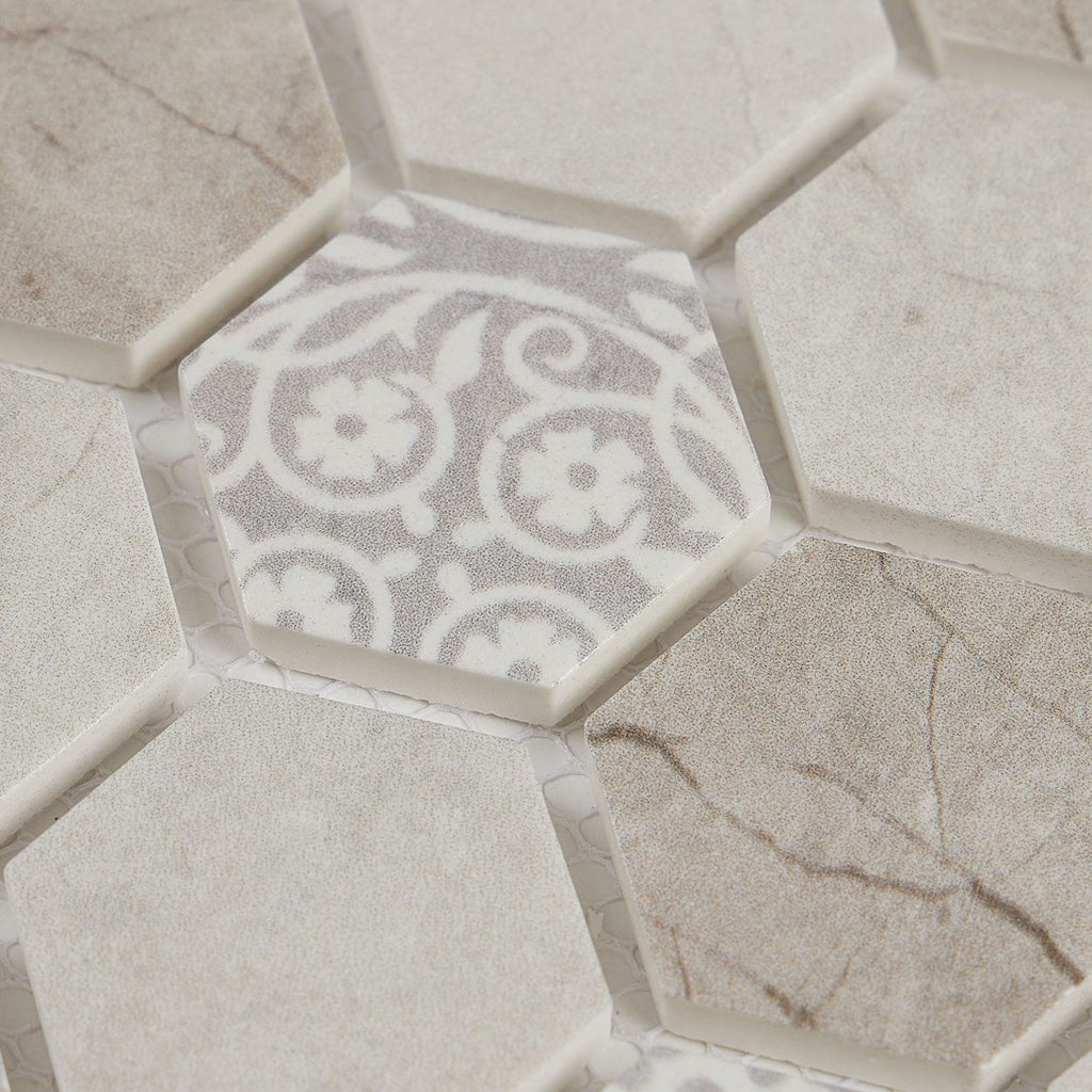 Close-up of HexaFusion Mineral Slate Mist matte pressed glass 1.5 inch hexagon mosaic pattern