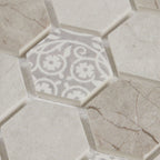 Close-up of HexaFusion Mineral Slate Mist matte pressed glass 1.5 inch hexagon mosaic pattern