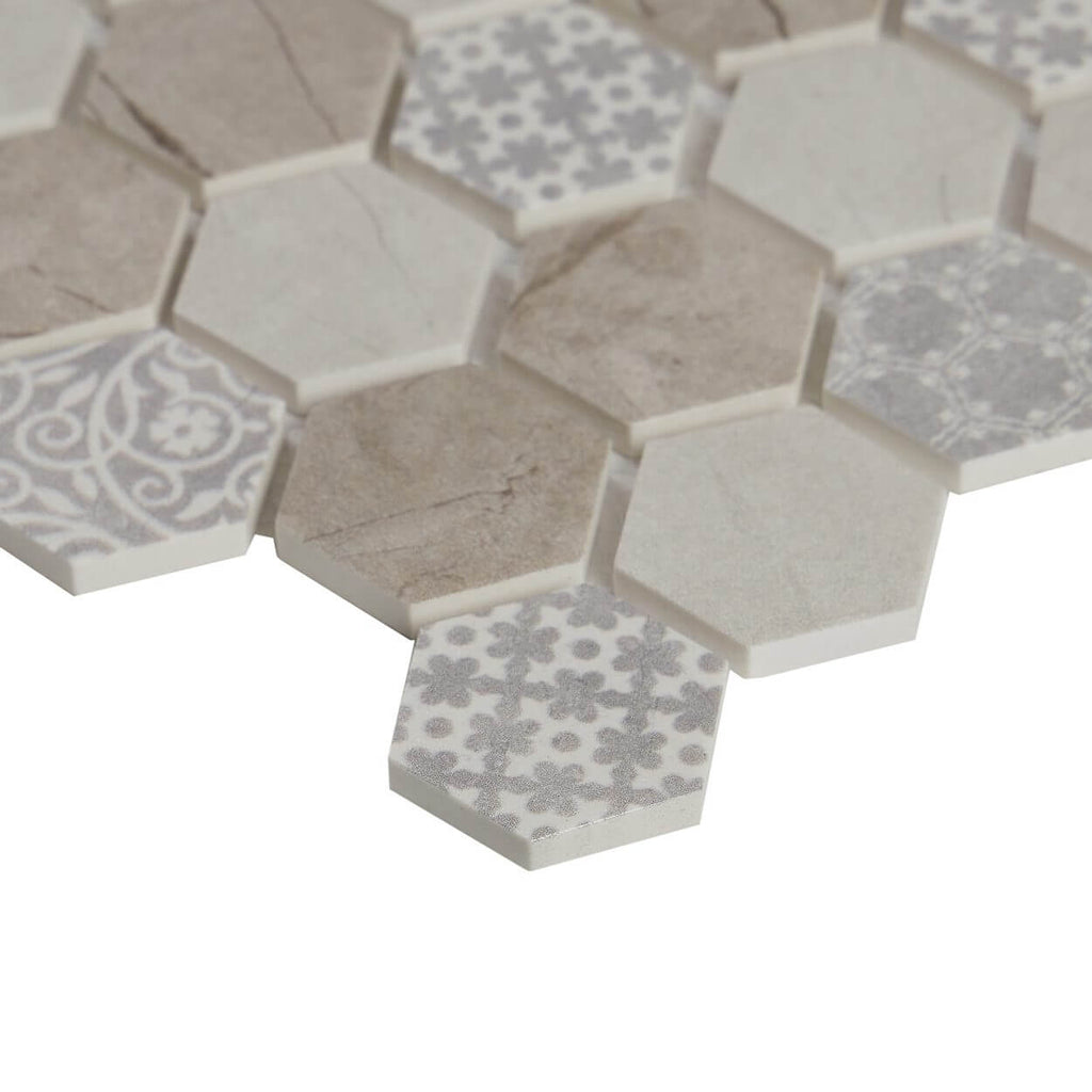 Detail view of HexaFusion Mineral Slate Mist matte pressed glass 1.5 inch hexagon mosaic