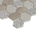 Detail view of HexaFusion Mineral Slate Mist matte pressed glass 1.5 inch hexagon mosaic