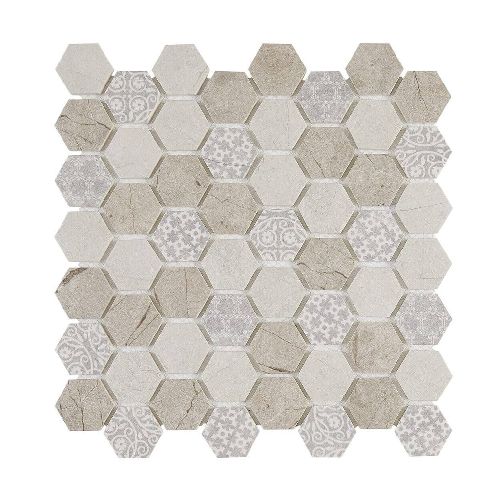 HexaFusion Mineral Slate Mist matte pressed glass hexagon mosaic, 1.5 inch hex, mesh-mounted sheet