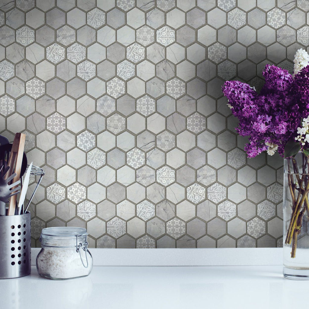 HexaFusion Mineral Slate Mist matte pressed glass 1.5 inch hexagon mosaic installed as kitchen backsplash