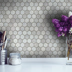 HexaFusion Mineral Slate Mist matte pressed glass 1.5 inch hexagon mosaic installed as kitchen backsplash
