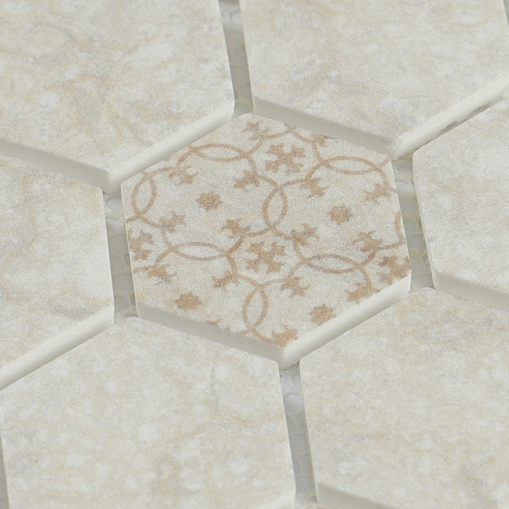 Close-up of HexaFusion Mineral Vein Ivory matte pressed glass 1.5 inch hexagon mosaic pattern
