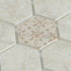 Close-up of HexaFusion Mineral Vein Ivory matte pressed glass 1.5 inch hexagon mosaic pattern
