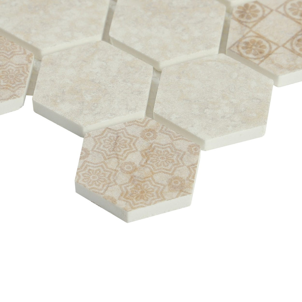 Detail view of HexaFusion Mineral Vein Ivory matte pressed glass 1.5 inch hexagon mosaic