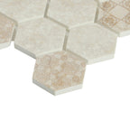 Detail view of HexaFusion Mineral Vein Ivory matte pressed glass 1.5 inch hexagon mosaic