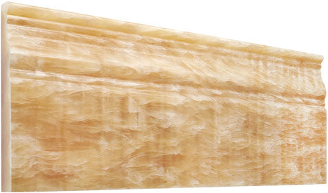 Opalus Honey onyx baseboard trim polished, studio image showing a molded baseboard profile with warm honey-gold translucency and natural veining for wall-to-floor transitions and feature detailing.