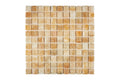 Opalus Honey onyx mosaic 1x1 polished, studio image showing warm honey-gold tones, natural translucency, and layered onyx movement across the mounted sheet.