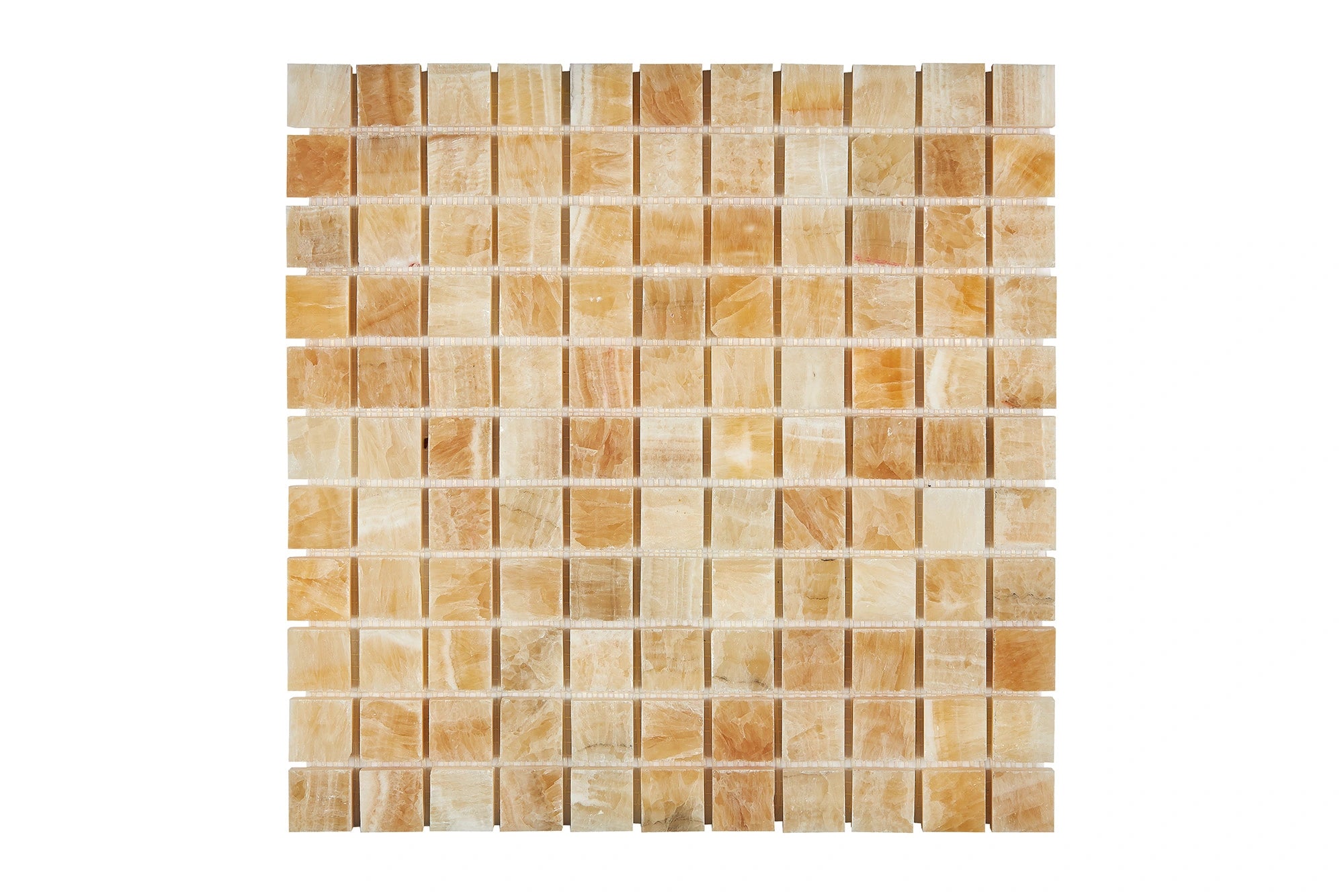 Opalus Honey onyx mosaic 1x1 polished, studio image showing warm honey-gold tones, natural translucency, and layered onyx movement across the mounted sheet.