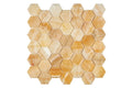 Opalus Honey onyx mosaic 2-inch hexagon polished, studio image showing warm honey-gold tones, natural translucency, and layered onyx movement across the sheet.