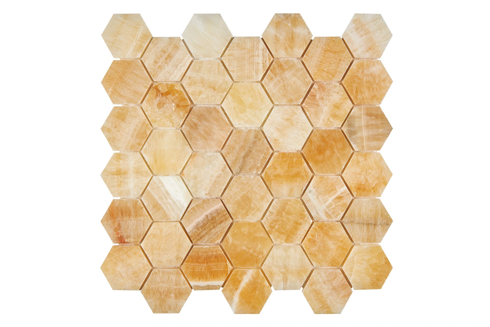 Opalus Honey onyx mosaic 2-inch hexagon polished, studio image showing warm honey-gold tones, natural translucency, and layered onyx movement across the sheet.