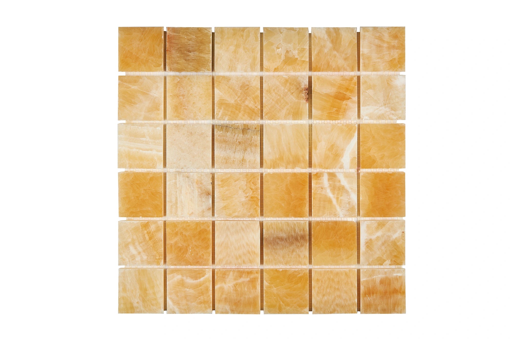 Opalus Honey onyx mosaic 2x2 polished, studio image showing warm honey-gold tones, natural translucency, and layered onyx movement across the mounted sheet.