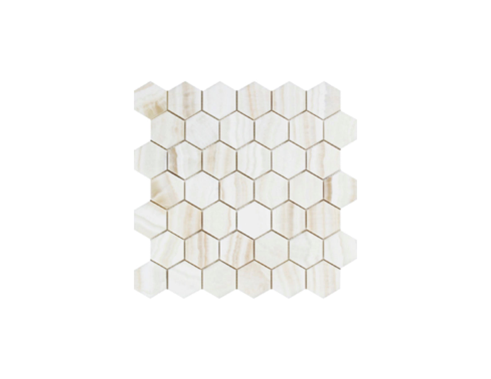 Opalus Vanilla onyx mosaic 2-inch hexagon vein-cut, studio image showing linear ivory banding, layered translucent depth, and natural veining variation across the sheet.