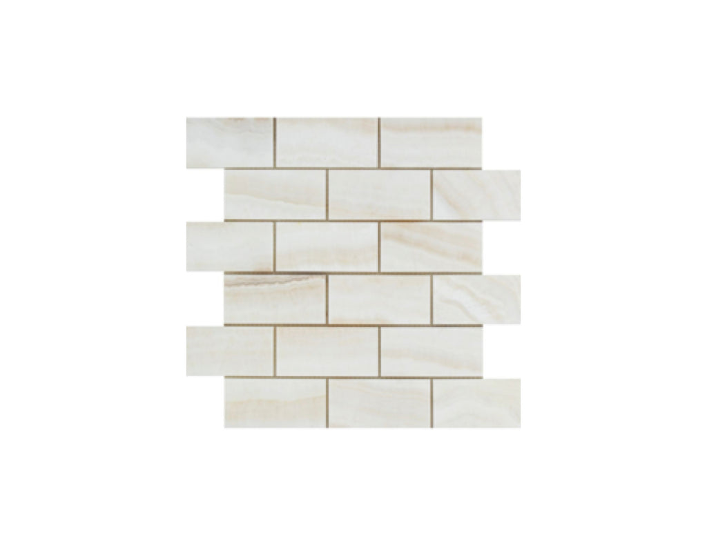Opalus Vanilla onyx mosaic 2x4 vein-cut, studio image showing linear ivory banding, layered translucent depth, and natural veining variation across the sheet.