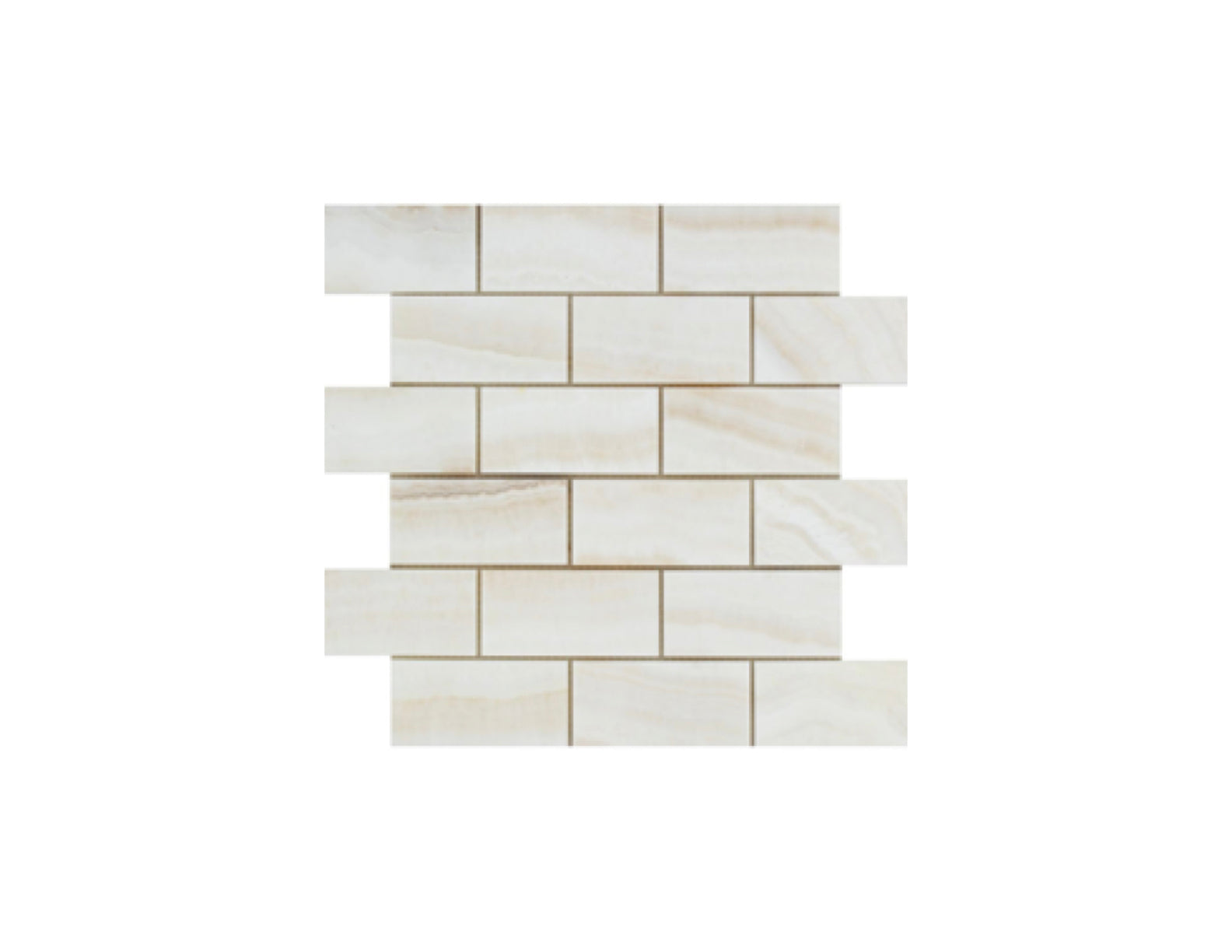 Opalus Vanilla onyx mosaic 2x4 vein-cut, studio image showing linear ivory banding, layered translucent depth, and natural veining variation across the sheet.