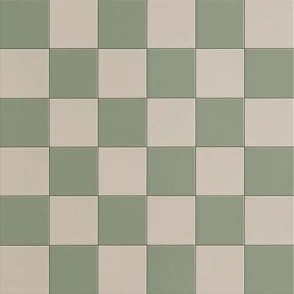 Close-up of sage and sand checkerboard porcelain tiles with subtle plaster-look texture, matte finish
