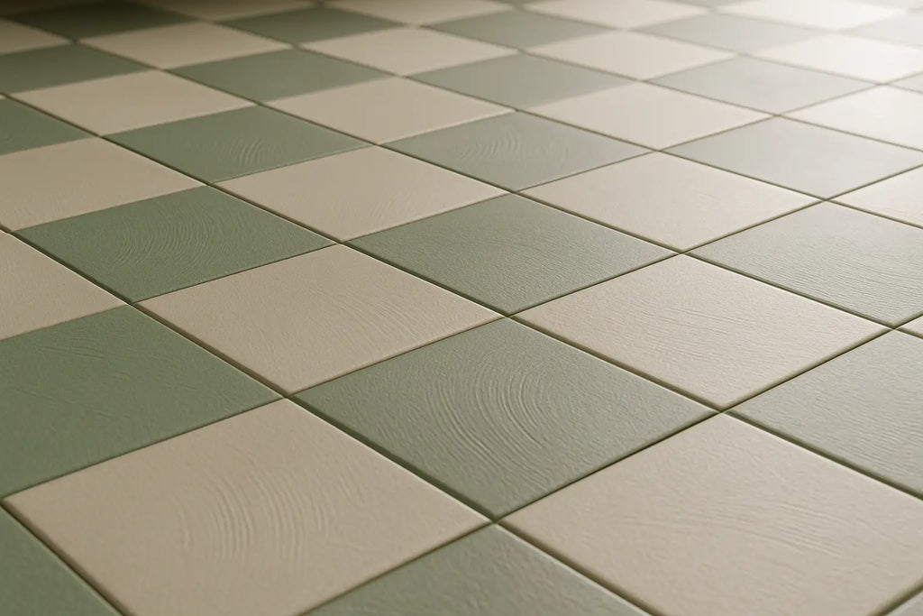 Angled floor view of sage and sand checkerboard porcelain tiles, 7x7 matte finish