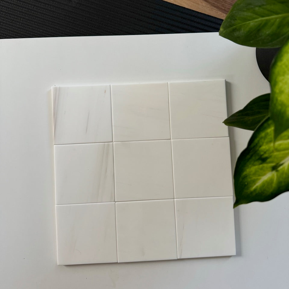 White square Bianco Dolomite 4x4 tile with a plant leaf on a white surface