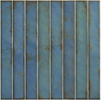 Lagoon Teal Spanish Brick ceramic mosaic, 14×14 matte — close-up showing grout-through brick texture and blue-green variation