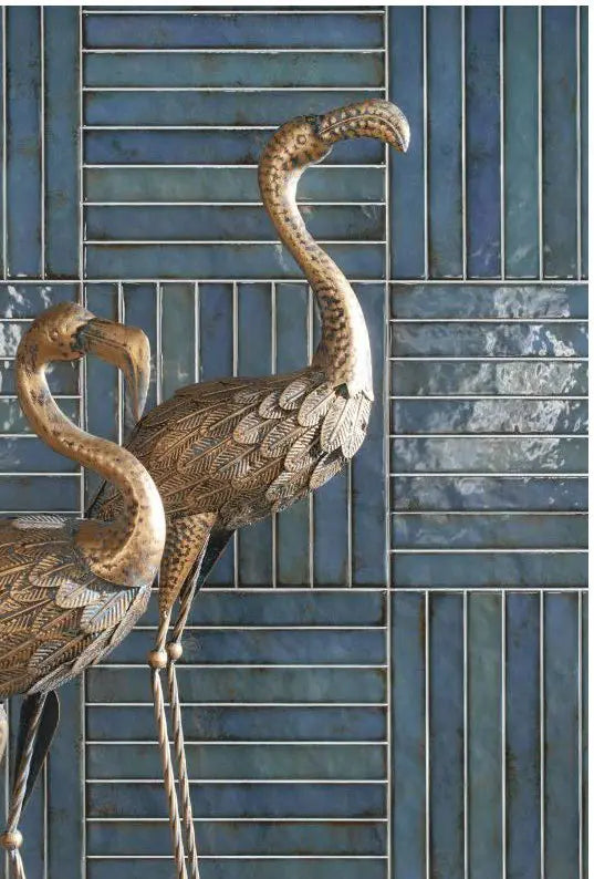 Lagoon Teal Spanish Brick ceramic mosaic, 14×14 matte — installed vertical brick mosaic wall with layered teal and patina-like variation