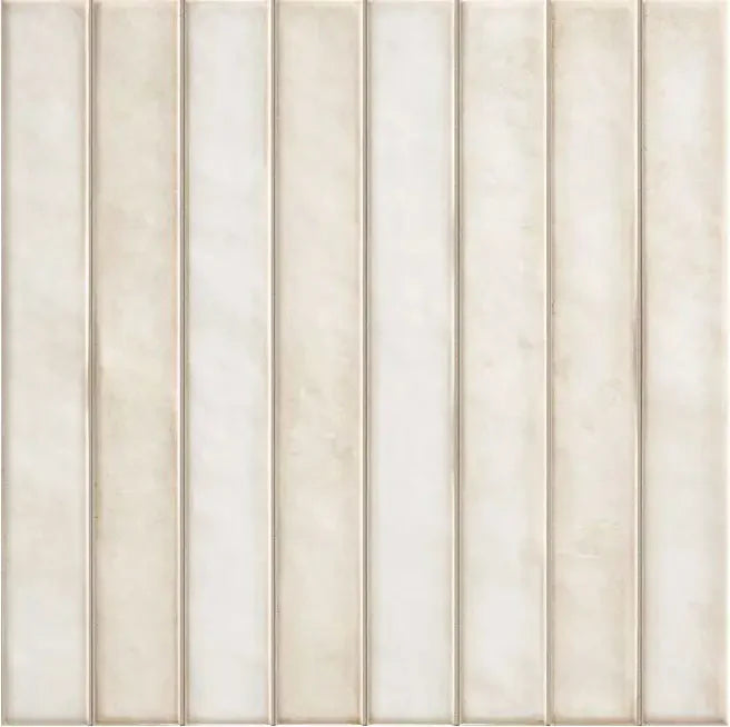 Pearl Wash Spanish Brick ceramic mosaic, 14×14 matte — close-up showing grout-through brick texture and soft pearly variation