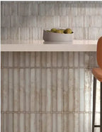 Stone Ash Spanish Brick ceramic mosaic, 14×14 matte — installed vertical brick mosaic on kitchen island front