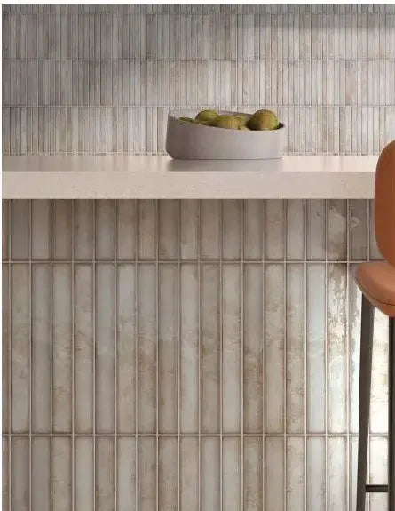 Stone Ash Spanish Brick ceramic mosaic, 14×14 matte — installed vertical brick mosaic on kitchen island front