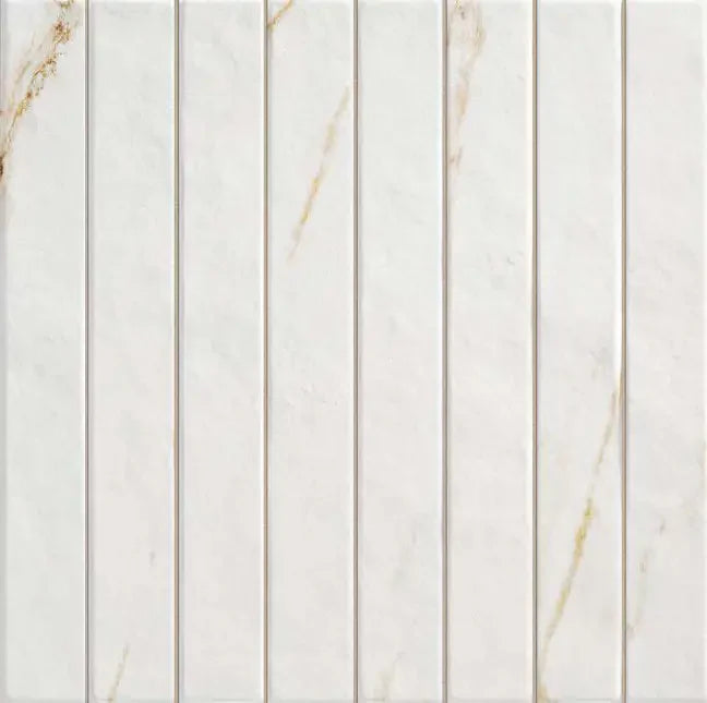 Sunlit Brass Spanish Brick ceramic mosaic, 14×14 matte — close-up showing grout-through brick texture and warm veining