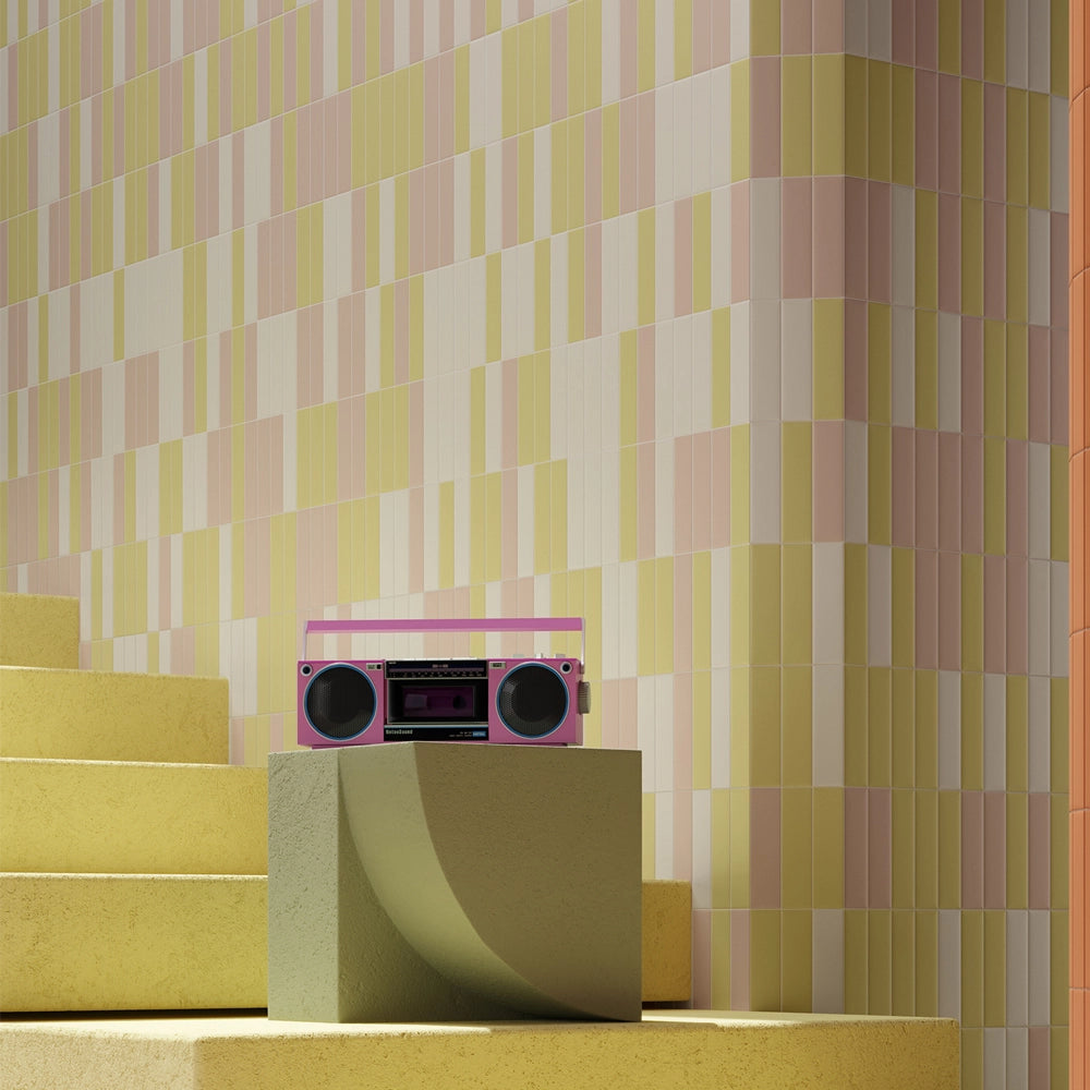 Tempo tile wall installation showing Blush Mist and Spice Ember vertical pattern.