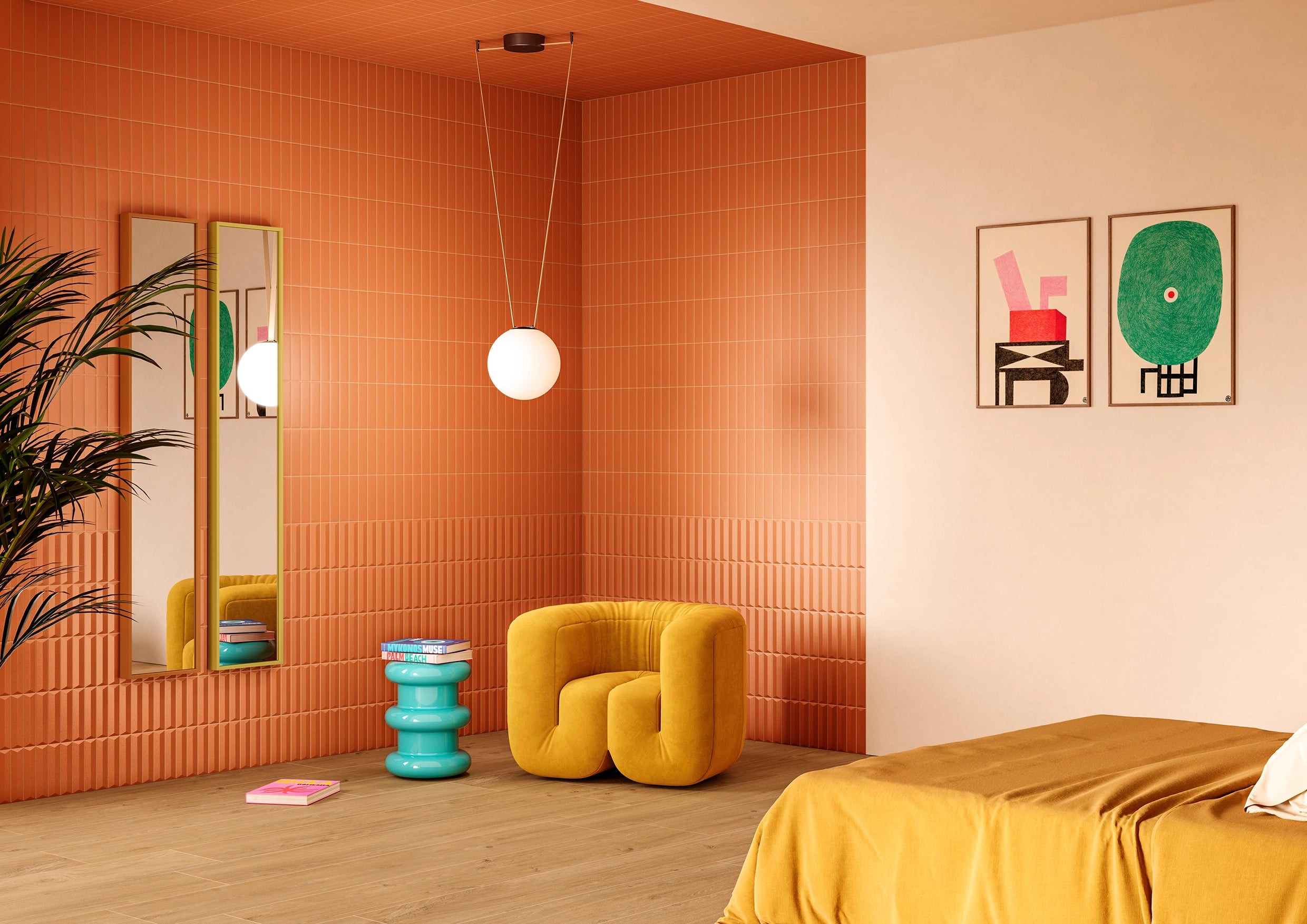 Spice Ember Tempo tile installed on a room feature wall with vertical texture.