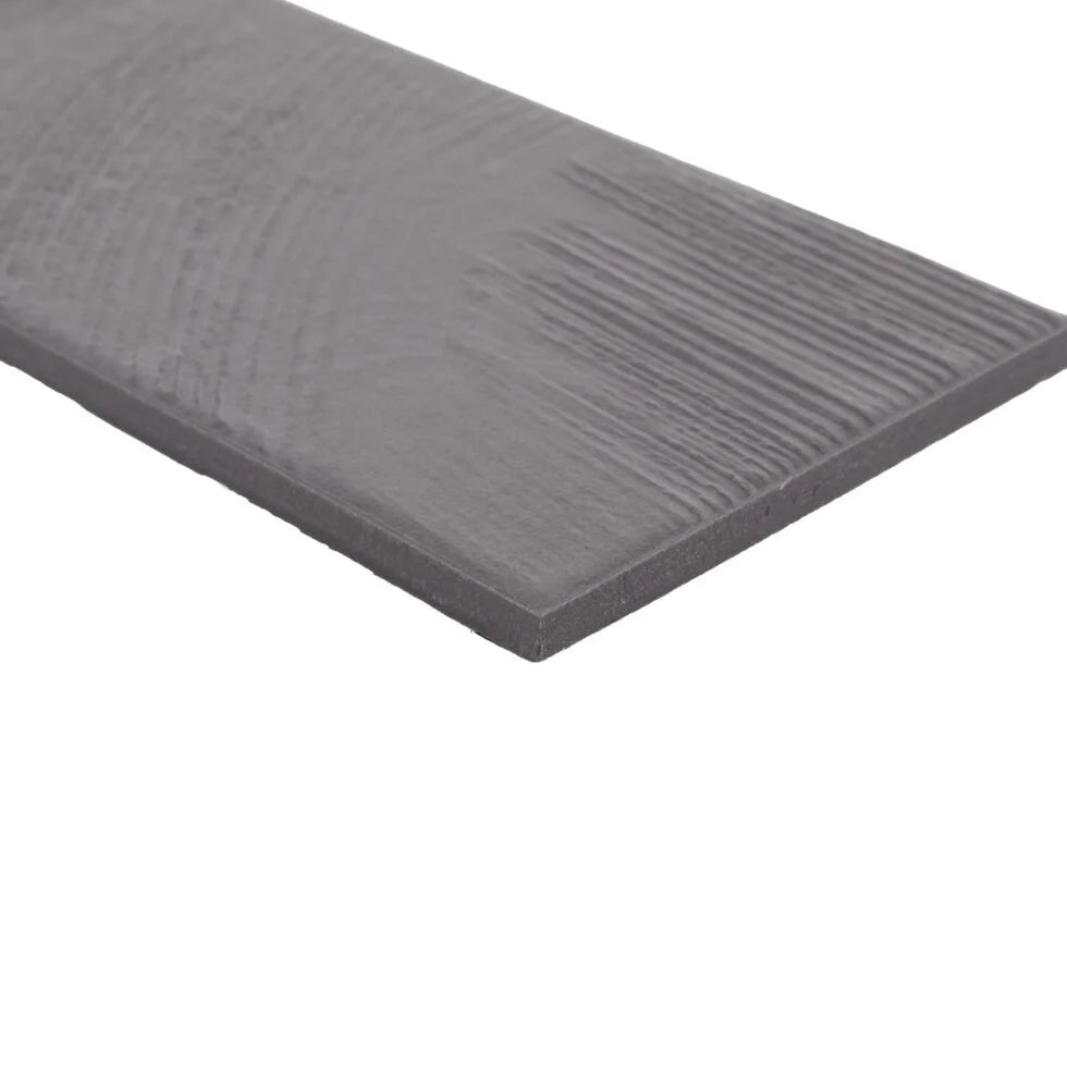 Carbon Slate troweled plaster-look porcelain tile, 3.5 x 7 inch, angled edge and texture detail
