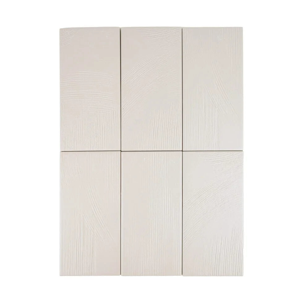 Chalk Wash troweled plaster-look porcelain tile, 3.5 x 7 inch, variation across multiple faces