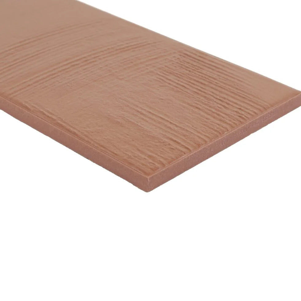 Kiln Amber troweled plaster-look porcelain tile, 3.5 x 7 inch, angled edge and texture detail