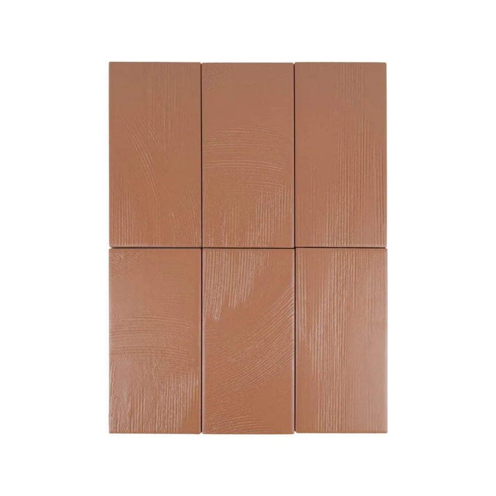 Kiln Amber troweled plaster-look porcelain tile, 3.5 x 7 inch, variation across multiple faces